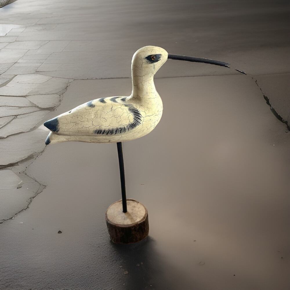 11” Vintage Hand-Carved Wooden Shorebird Decoy Figurine on Wood Stand Folk Art
